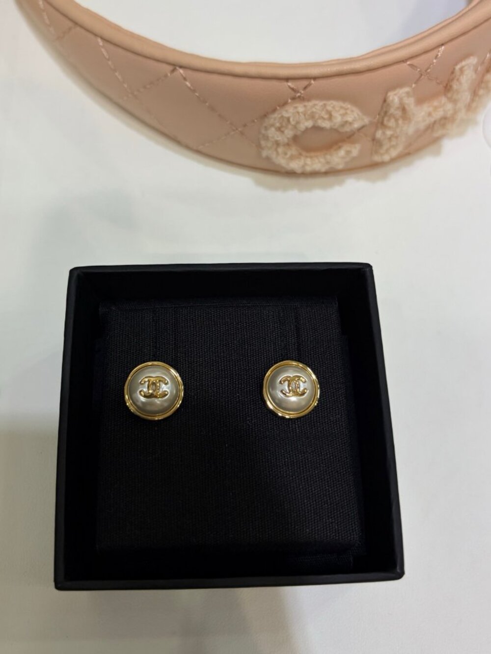 Chanel Gold-Tone Faux Pearl CC Stud Earrings